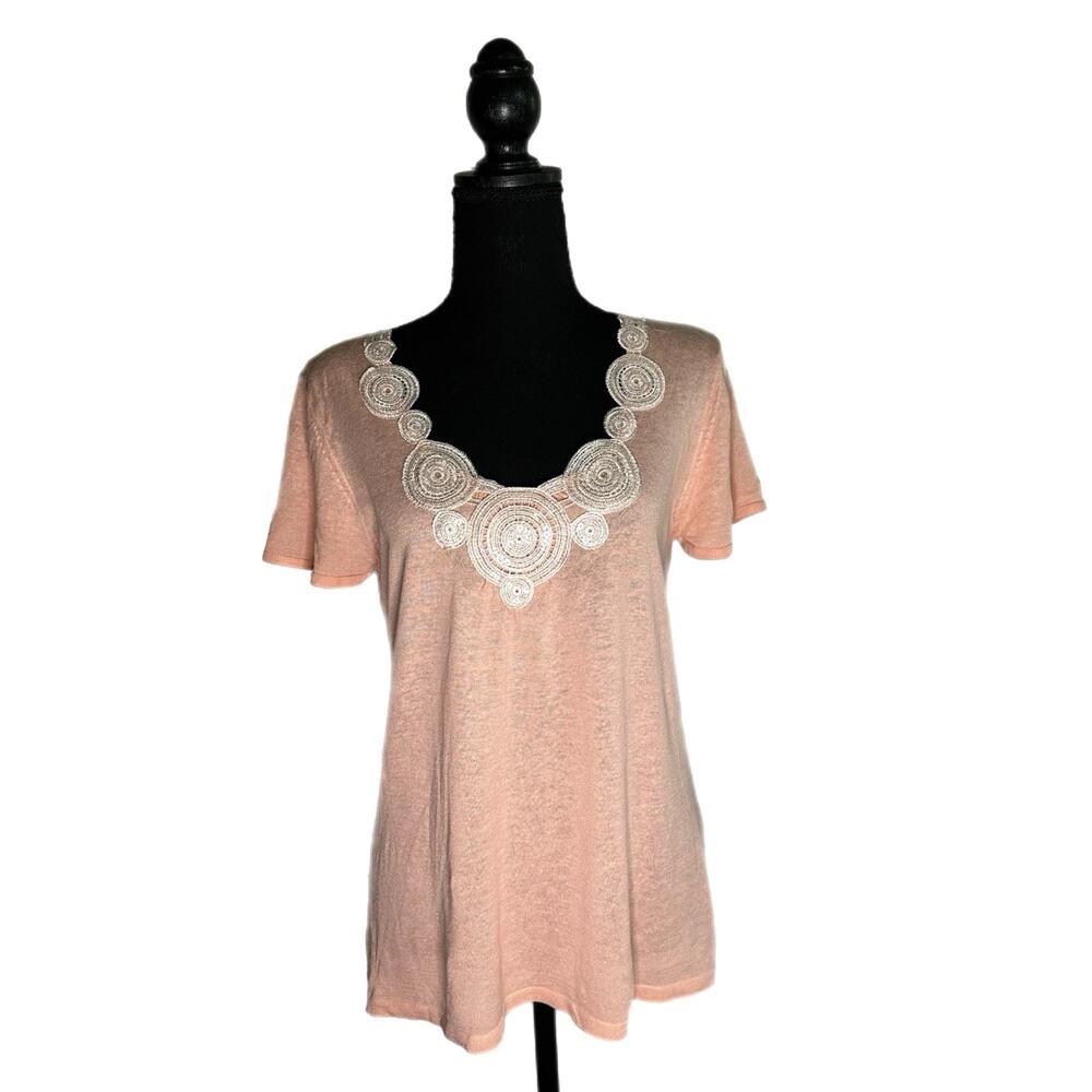 C22 August Silk Pink Top with White Embroidered Neckline, Medium, Pre-owned